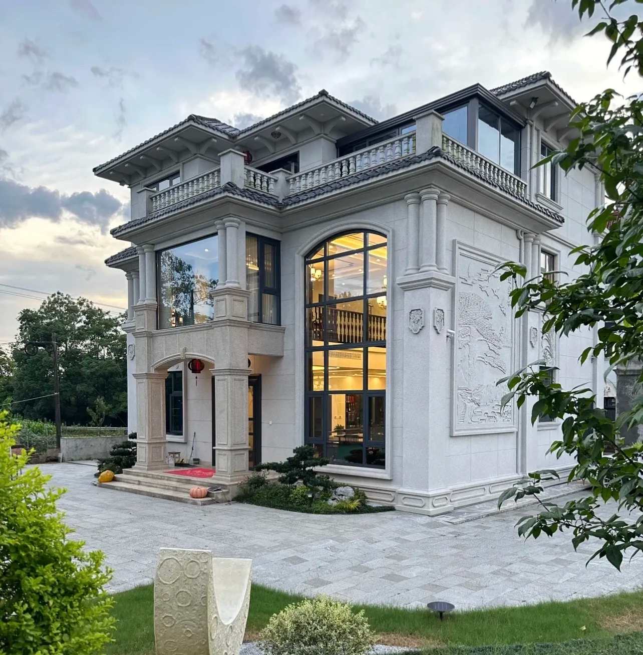 郑州 白麻花岗岩私人别墅干挂石材豪华定制